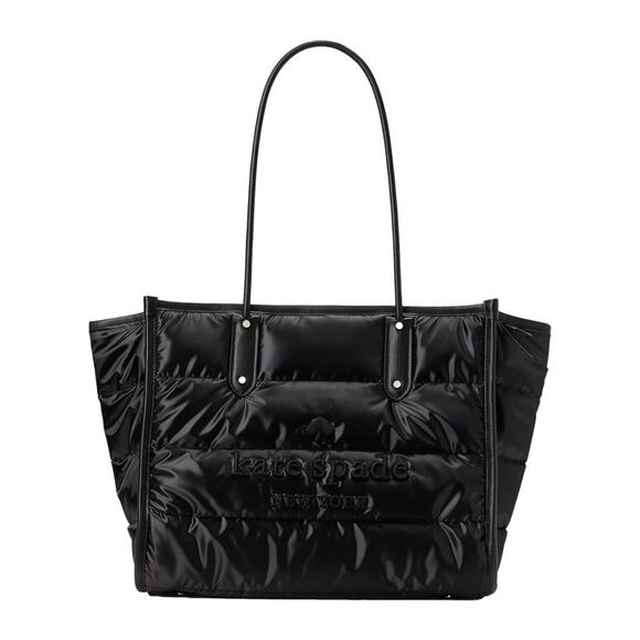 NEW Kate Spade Ella Puffy Black XL Tote Bag Nylon Leather Trim Travel Work Zip - Picture 1 of 9